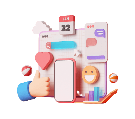 managing a business 3D illustration: calendar, bar chart, search, chat, thumbs up, heart, and smiley